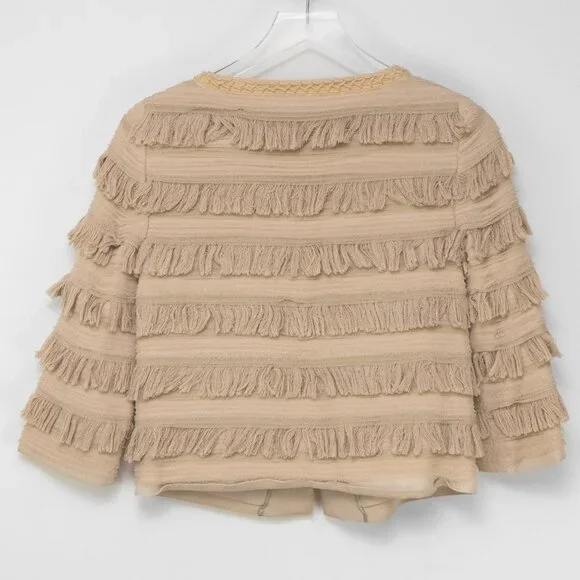 Tory Burch Julian Fringe Jacket Statement Coat Evening Silk Khaki Nude Size 2 - Picture 3 of 8